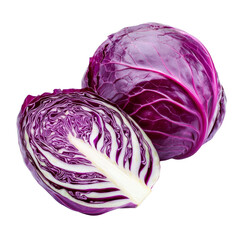 Wall Mural - Fresh purple cabbage with a cut half showing texture and color. Healthy food ingredient for salads and dishes