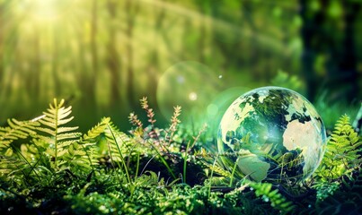 A Glass Globe Representing Earth Surrounded by Lush Greenery