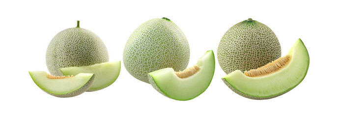 Melons whole and sliced isolated on transparent background