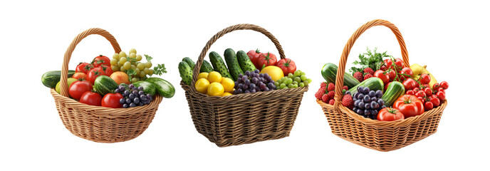 Baskets full of fresh fruits and vegetables set isolated on transparent background