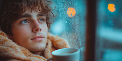 A man with a beard and glasses is sitting in a cafe with a cup of coffee