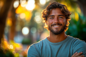 A man with a beard and a green shirt is smiling