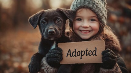 A joyful girl holding a sign that says 'Adopted' with her new puppy in a warm, autumn setting. A moment of happiness and love.