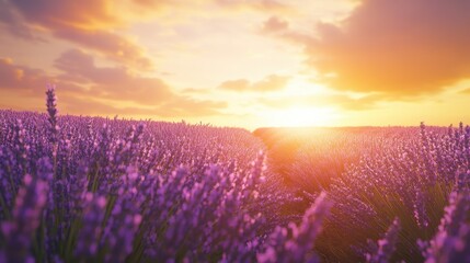 Wall Mural - Lavender Field Sunset - Beautiful Purple Flowers and Golden Sky