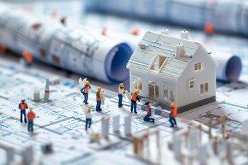 Poster - Miniature Construction Workers Building a House on Blueprints