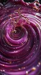 Wall Mural - up of swirling purple liquid with gold glitter, resembling the interior of an onion, dark, fluid mot