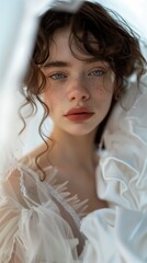 closeup woman freckles face wearing wedding dress princess cover ruffles actress crestfallen young large lips blush