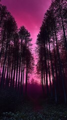 Wall Mural - Pink sky, forest trees, pink and purple background, dark night, pink light in the distance, tall pines, green leaves, dark green, wide-angle