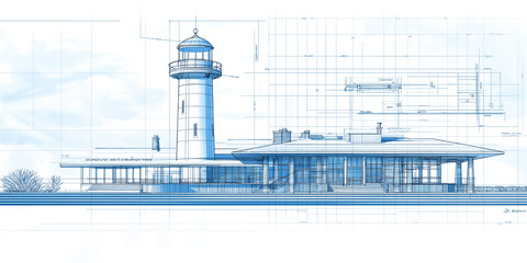 Poster - Blueprint drawing project of a lighthouse and a modern building