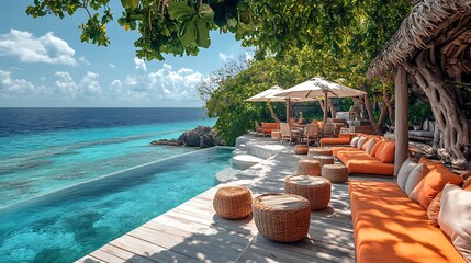 Relaxing lounge chairs by the pool with a beautiful ocean view.