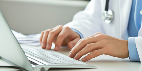 Aufkleber - Doctor typing on laptop keyboard in medical office with stethoscope near