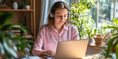 Poster - Young freelancer woman wearing headphones working on laptop at home office surrounded by plants