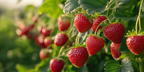 Aufkleber - Ripe red strawberries growing on the vine in a field