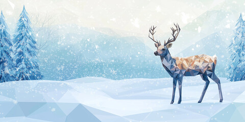 Wall Mural - Majestic polygonal deer standing in snowy winter wonderland