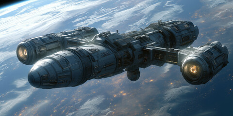Aufkleber - Futuristic spaceship flying over earth at night, a 3d illustration