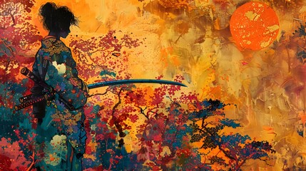 Poster - Samurai Warrior in Abstract Landscape.