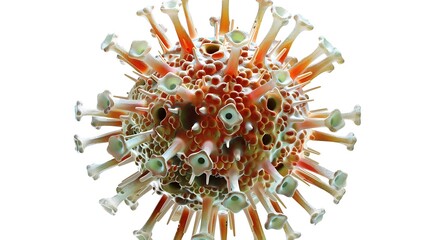 A detailed 3D rendering of the mpox virus, showing its spiky outer layer and core structure, with a transparent background to emphasize the virus's detailed morphology