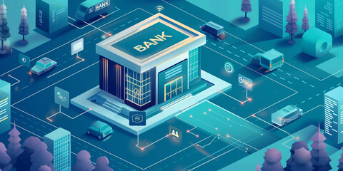 Poster - Modern bank building connecting to digital services in isometric city