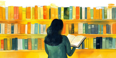 Poster - Young woman reading standing in the library choosing a book