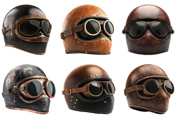 Vintage pilot helmets with goggles isolated on transparent background