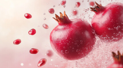 Two pomegranates floating in sparkling water with seeds splashing around