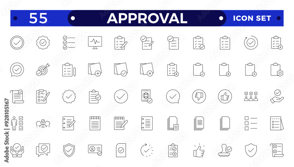 Approval Outline icons set. Check mark, certified, validation ...