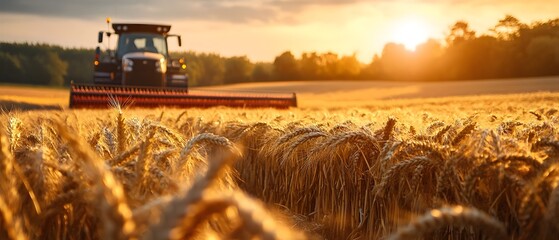 Tractor harvesting golden wheat field at sunset in picturesque rural countryside landscape  Concept for commodity price shifts in agriculture shaped by global markets and international trade