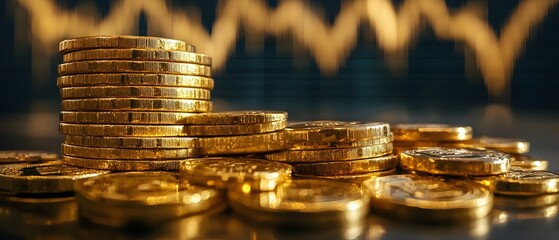 Poster - close up of stacked gold coins representing the concept of rising gold prices inflation and fiscal p