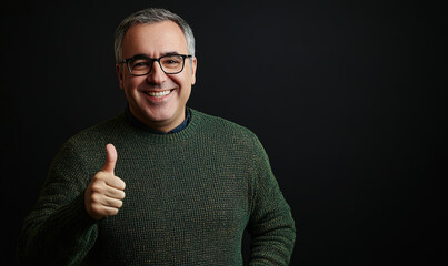 Joyful middle-aged man in green sweater and glasses giving a thumbs-up with a confident smile, set against a black background. Emphasizing a gesture of approval and satisfaction.