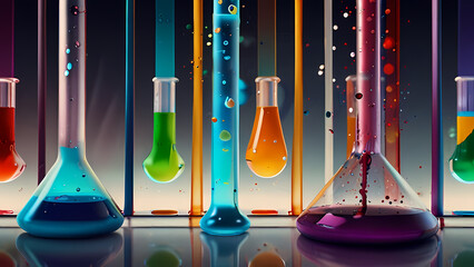 Wall Mural - abstract chemistry-inspired illustration with swirling colorful liquids, beakers, and test tubes merging into geometric patterns, symbolizing the interaction of chemical reactions