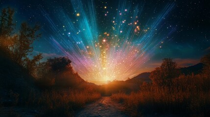 Wall Mural - icture of the zodiac icon of Virgo, in a natural, beautiful and joyful place. stars shining at the sky, colorful light rays crossing the sky