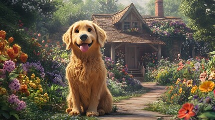 Wall Mural - Cute Golden Retriever in a Colorful Garden with a Cozy Cottage