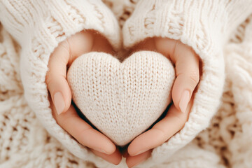 A cozy heart-shaped knit decoration held gently in hands, symbolizing warmth, love, and comfort during winter.