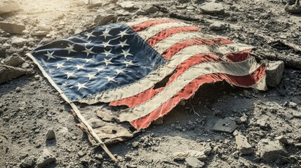 Close-Up of Torn American Flag on Devastated Ground