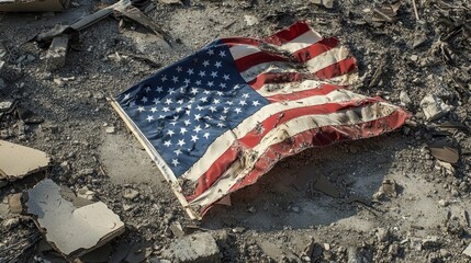 Close-Up of Torn American Flag on Devastated Ground