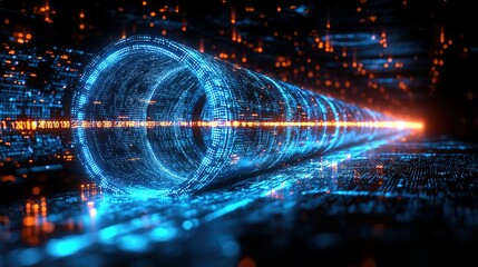 Poster - Glowing Blue and Orange Data Stream Tunnel