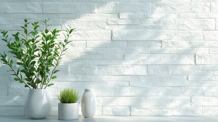 Canvas Print - White Brick Wall with Green Plants and White Vases.