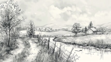 Wall Mural - A pencil drawing of a rural landscape with a small wooden cabin, a winding river, and a fence.