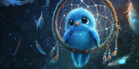 A cute little blue bird with big eyes sits on a dreamcatcher, generative AI