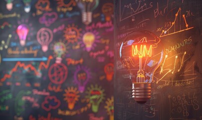 Poster - A Bright Light Bulb Against a Chalkboard Background with Scribbles and Graphs