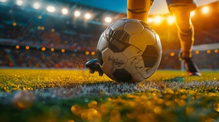 Soccer ball being kicked by a player in a stadium with bright lights. The image captures the moment of contact, with the vibrant field stadium lights creating, excitement and anticipation.