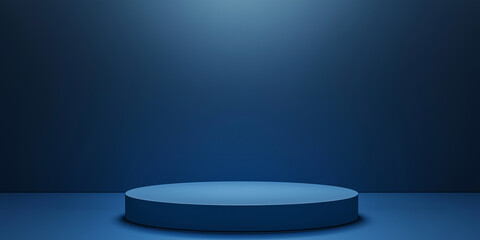Poster - Empty blue round podium platform spotlighting center stage on blue background