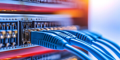 Aufkleber - Blue ethernet cables plugged into a network switch in a data center