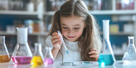 Aufkleber - Little scientist girl doing chemical experiment using pipette dropping liquid in flask