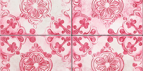 Poster - Pink floral pattern decorating ceramic tiles creating seamless texture