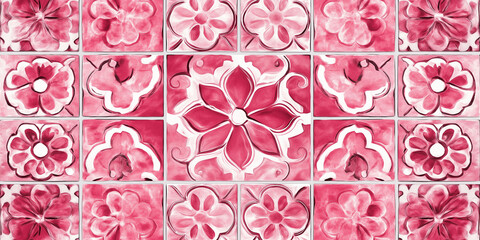Poster - Pink floral pattern repeating on decorative wall tiles