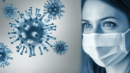 Poster - Young woman wearing protective mask with coronavirus illustration