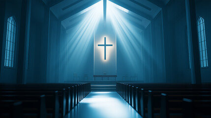 Wall Mural - Light shining down on cross in empty church interior