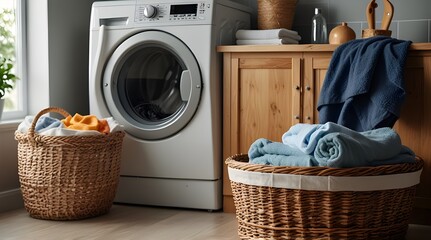 Laundry room interior with modern washing machine and basket with towels.generative.ai