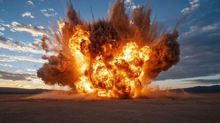 massive explosion in a desert landscape, with a shockwave spreading outward --ar 16:9 --personalize 